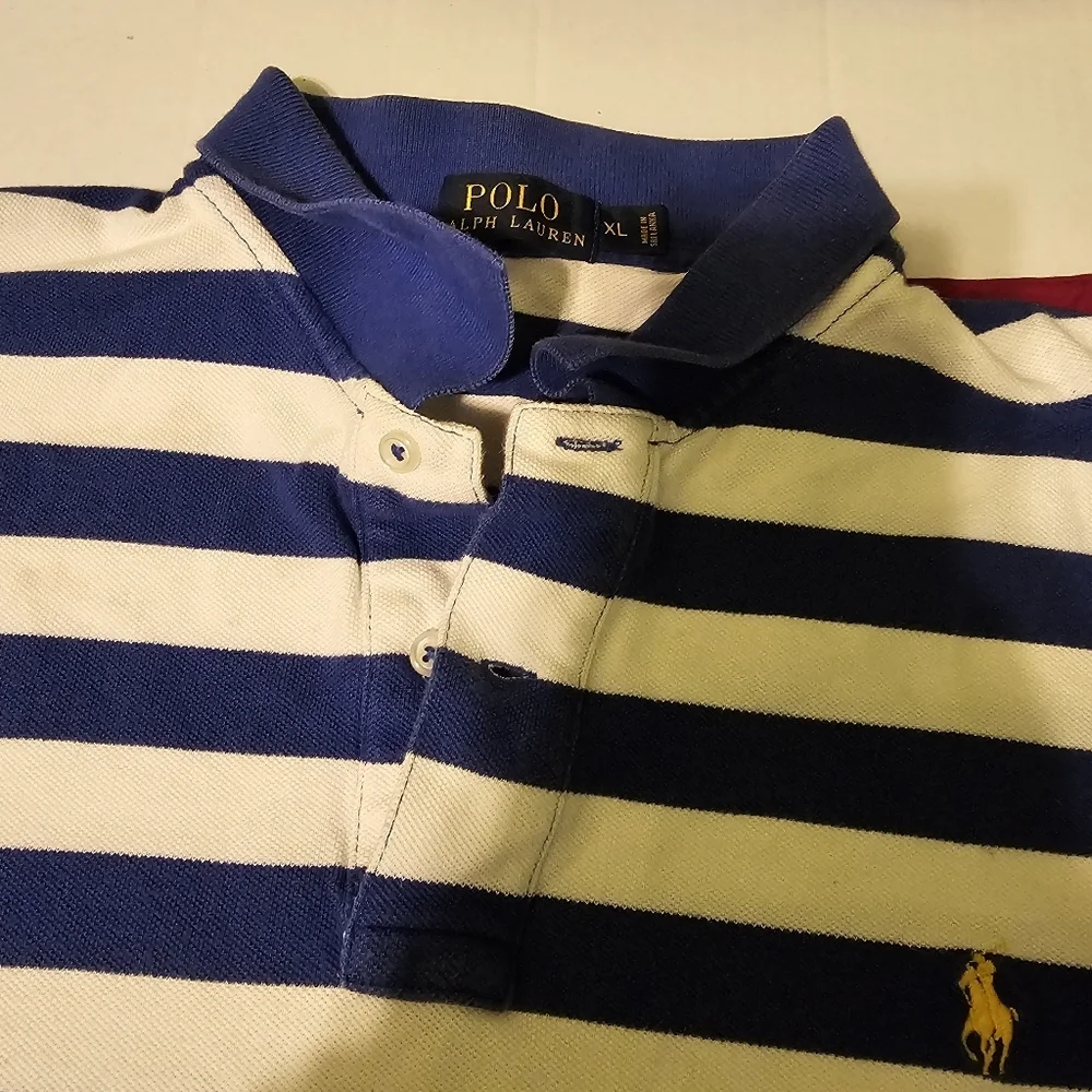 Polo Ralph Lauren Striped Piqué Polo Shirt - XL - Blue/White with Yellow Pony